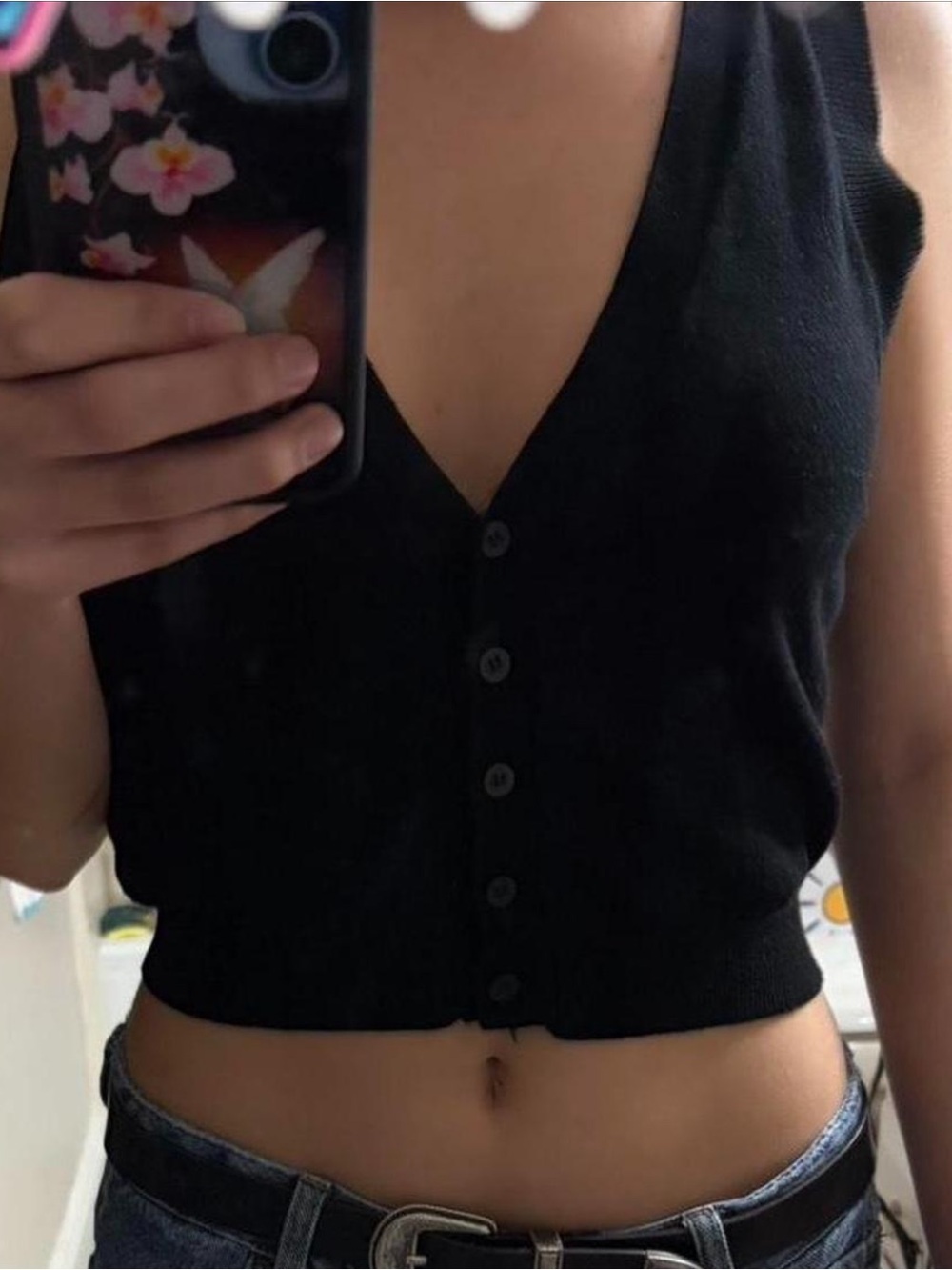 Cotton On Black Sleeveless Button-Front V-Neck Crop Top